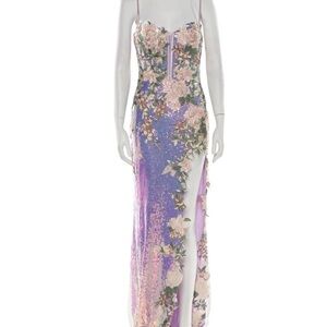 Lavender Sequin Floral Appliqué Evening Gown